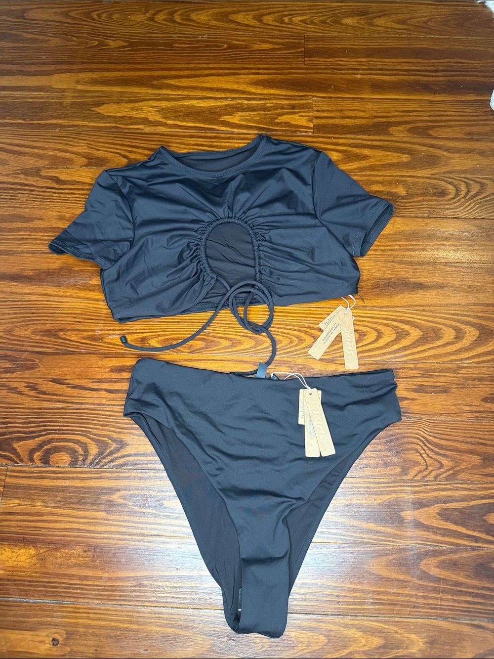 SKIMS Black Short Sleeve Ruched Bikini Set